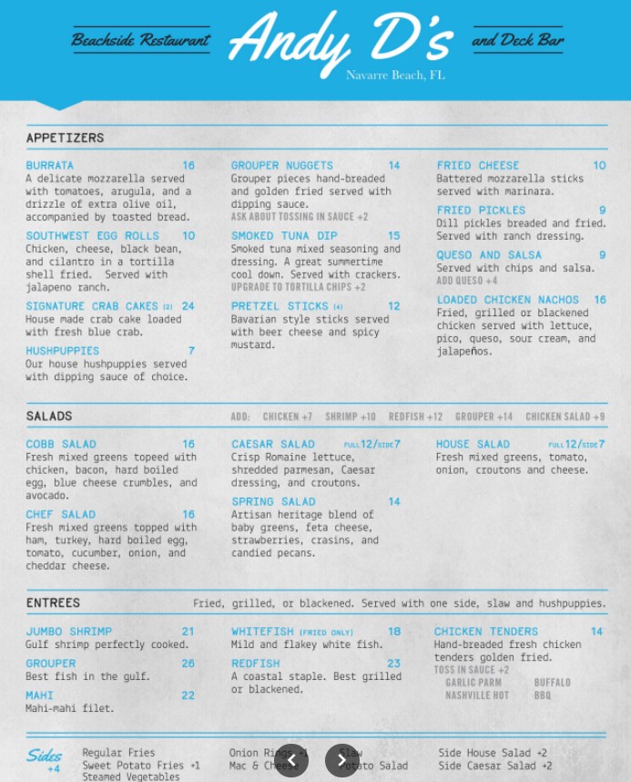 Andy D’s Beachside Restaurant Menu – Beachside Dining in Navarre, FL